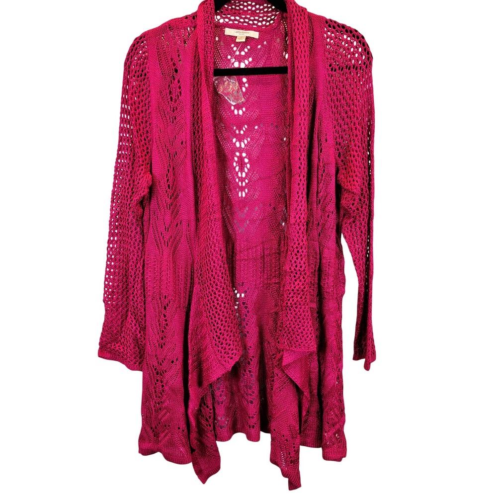 Liz Claiborne Womens 1X Open Knit Waterfall Cardigan Magenta Pink Boho Pointelle